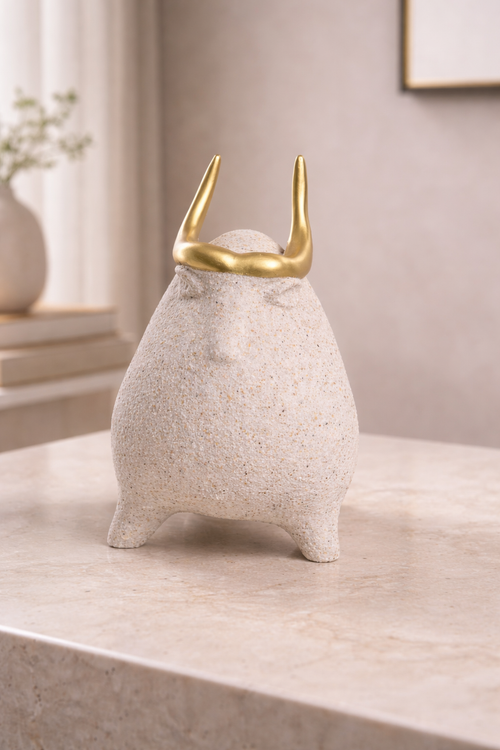 Skulptur „AURELIO“ – Keramisches Stier-Objekt mit goldenen Hörnern