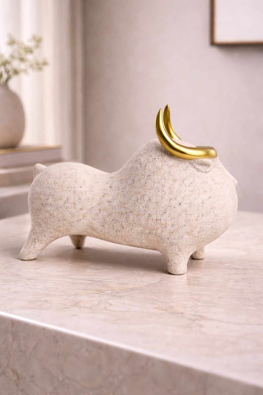 Skulptur „AURELIO“ – Keramisches Stier-Objekt mit goldenen Hörnern