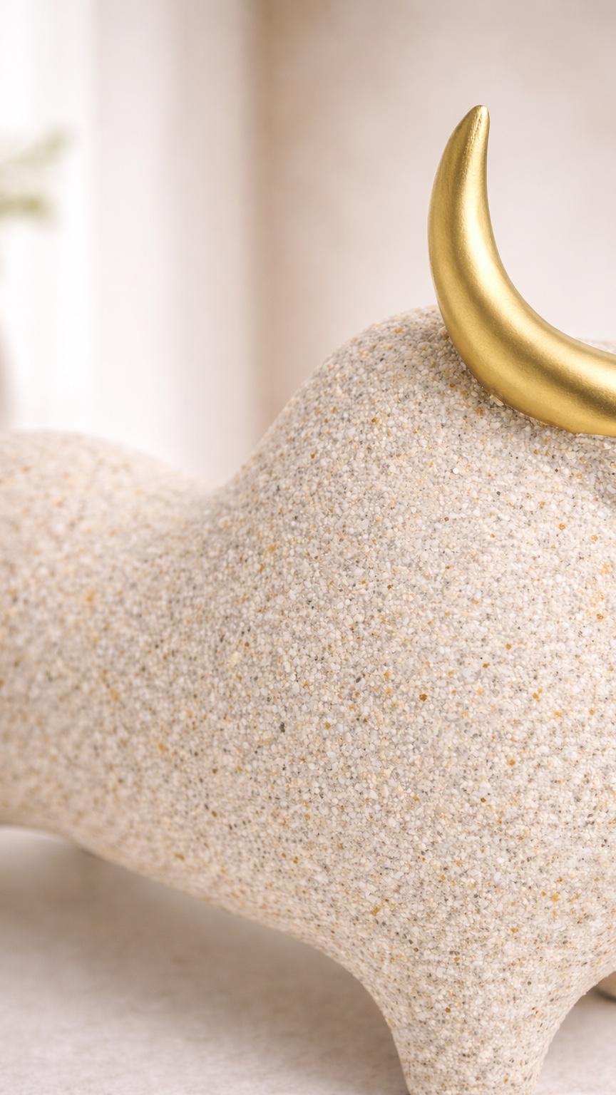 Skulptur „AURELIO“ – Keramisches Stier-Objekt mit goldenen Hörnern